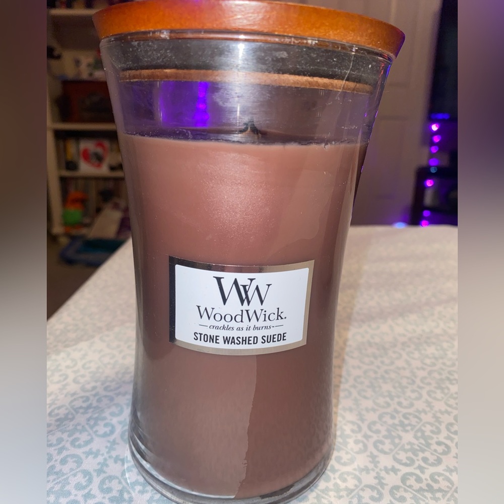 Used Large Hourglass Woodwick Stone Washed Suede Candle - lots of burn time left